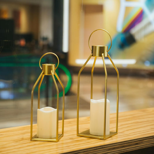 Modern Gold Metal Lantern Set with LED Candles – Set of 2