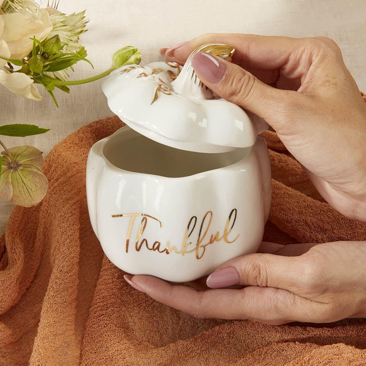 Thankful White Ceramic Pumpkin Bowl with Lid