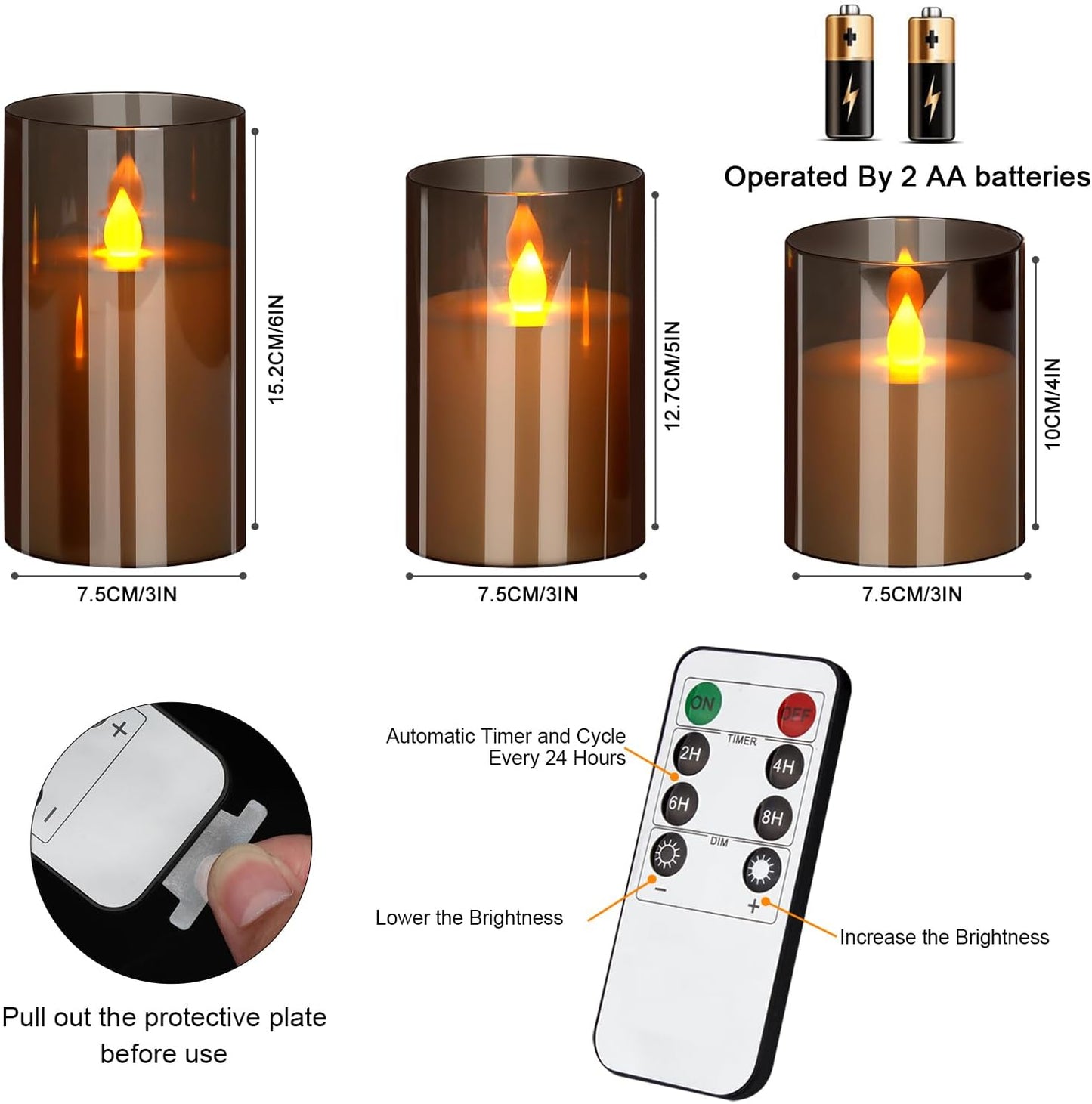 Smoked Glass Flameless LED Candle Set with Remote – 3 Pack