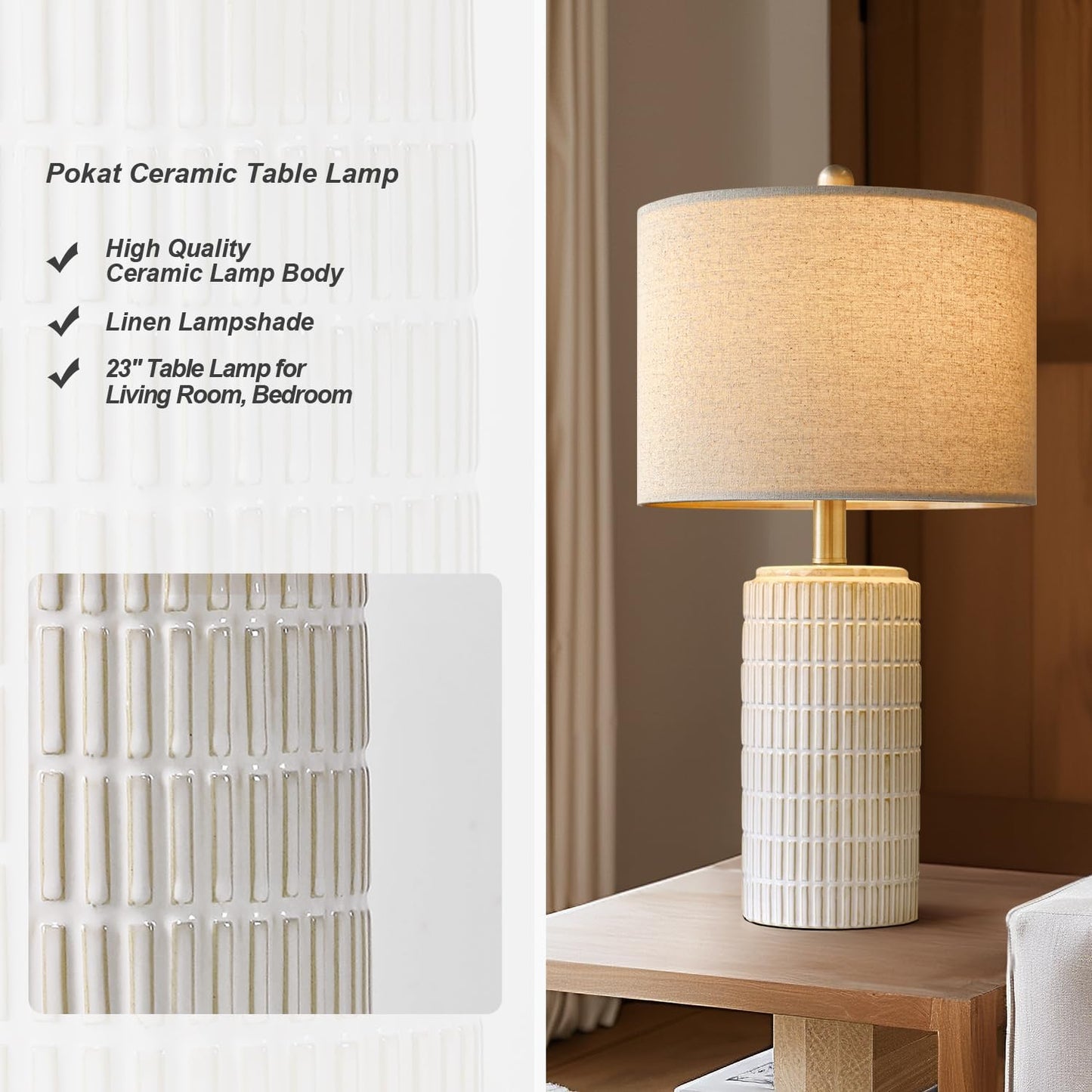 Modern Ceramic Table Lamp with Linen Shade | Bedside & Living Room Lamp