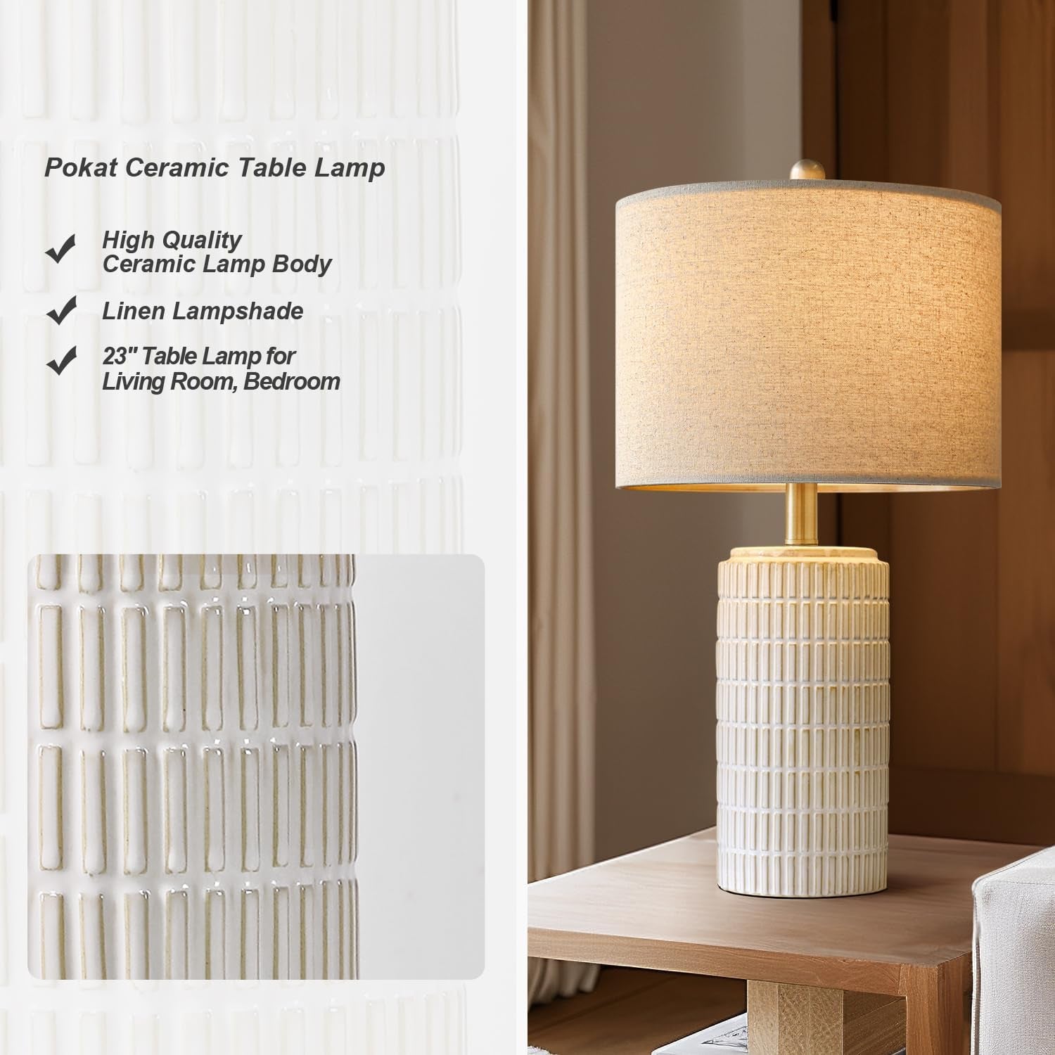Modern Ceramic Table Lamp with Linen Shade | Bedside & Living Room Lamp