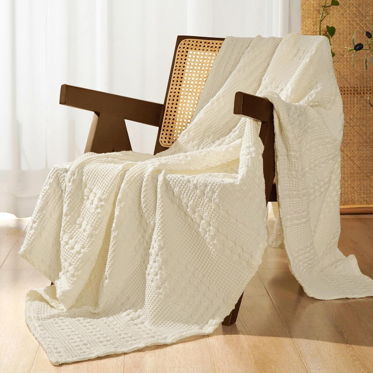 Luxury Cotton Waffle Throw Blanket | Lightweight Decorative Blanket