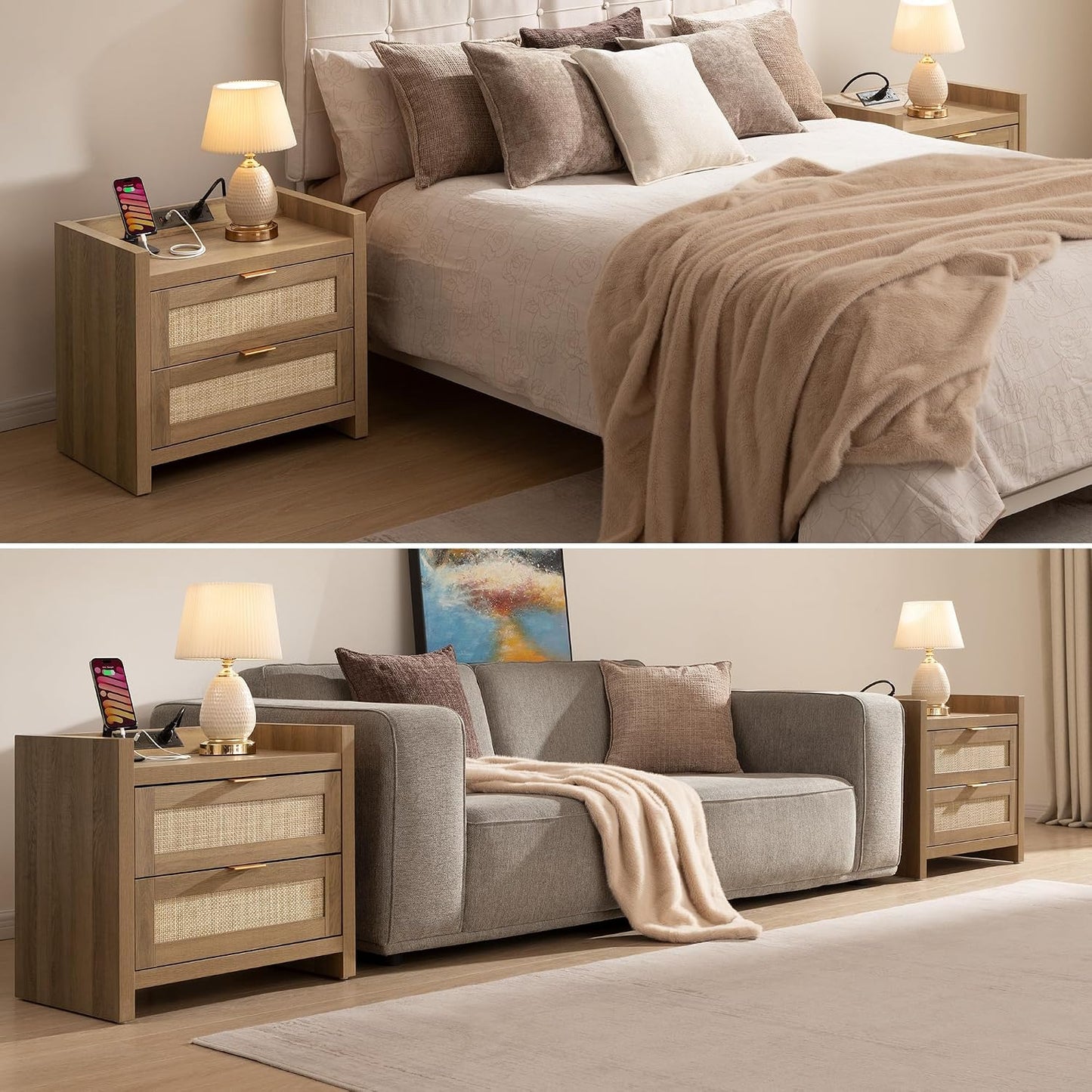 Modern Oak Rattan Nightstands with Charging Station – Set of 2
