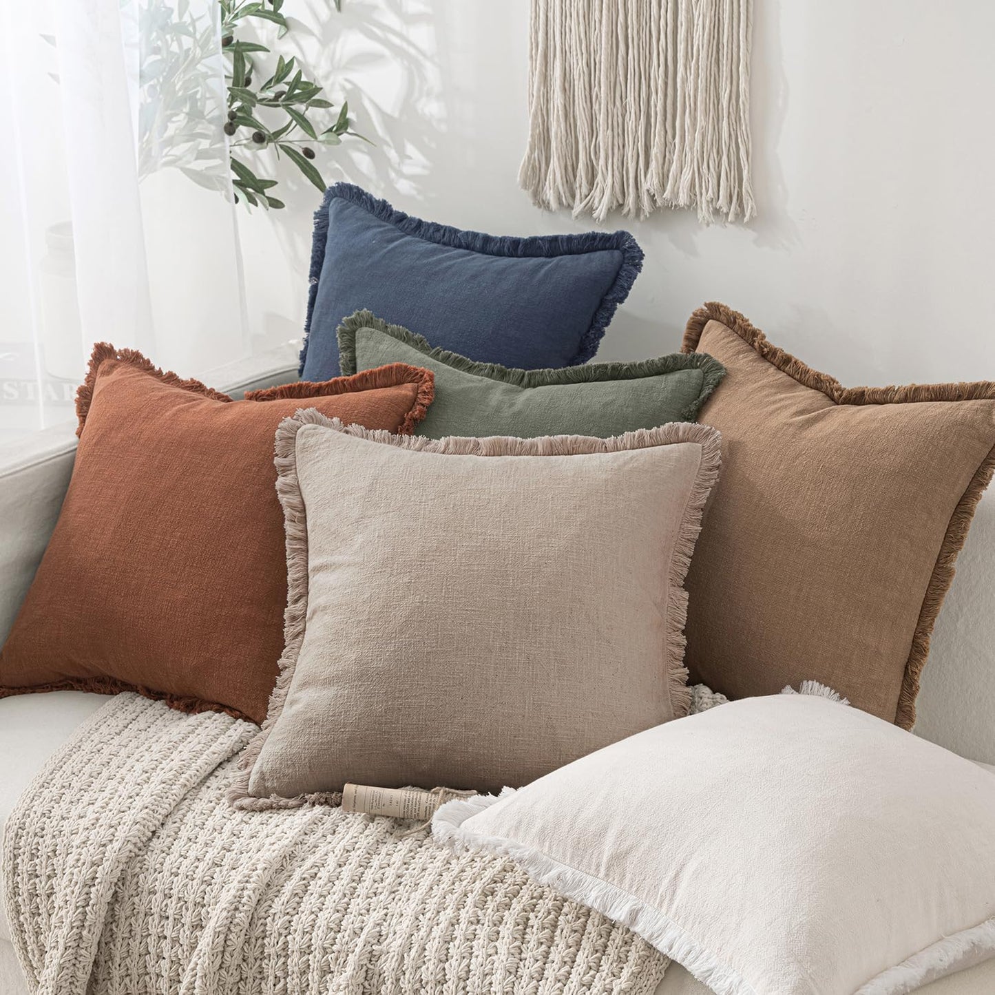 Decorative Throw Pillow Covers Neutral Linen Fringe Throw Pillows Set of 2 Natural Linen Boho Farmhouse Cushion Covers with Tassels for Couch Sofa Bed Spring Home Decor 24X24 Inch