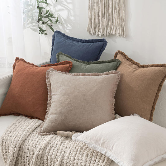 Decorative Throw Pillow Covers Neutral Linen Fringe Throw Pillows Set of 2 Natural Linen Boho Farmhouse Cushion Covers with Tassels for Couch Sofa Bed Spring Home Decor 24X24 Inch