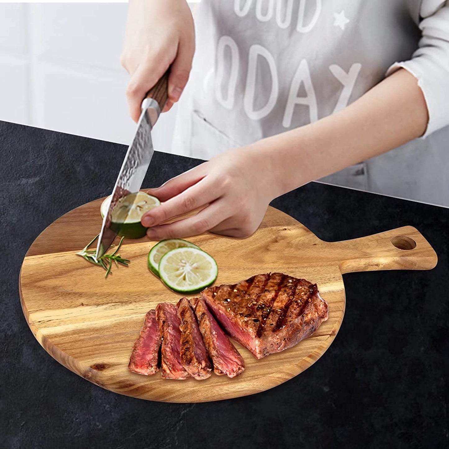 Round Acacia Wood Charcuterie & Serving Board with Handle