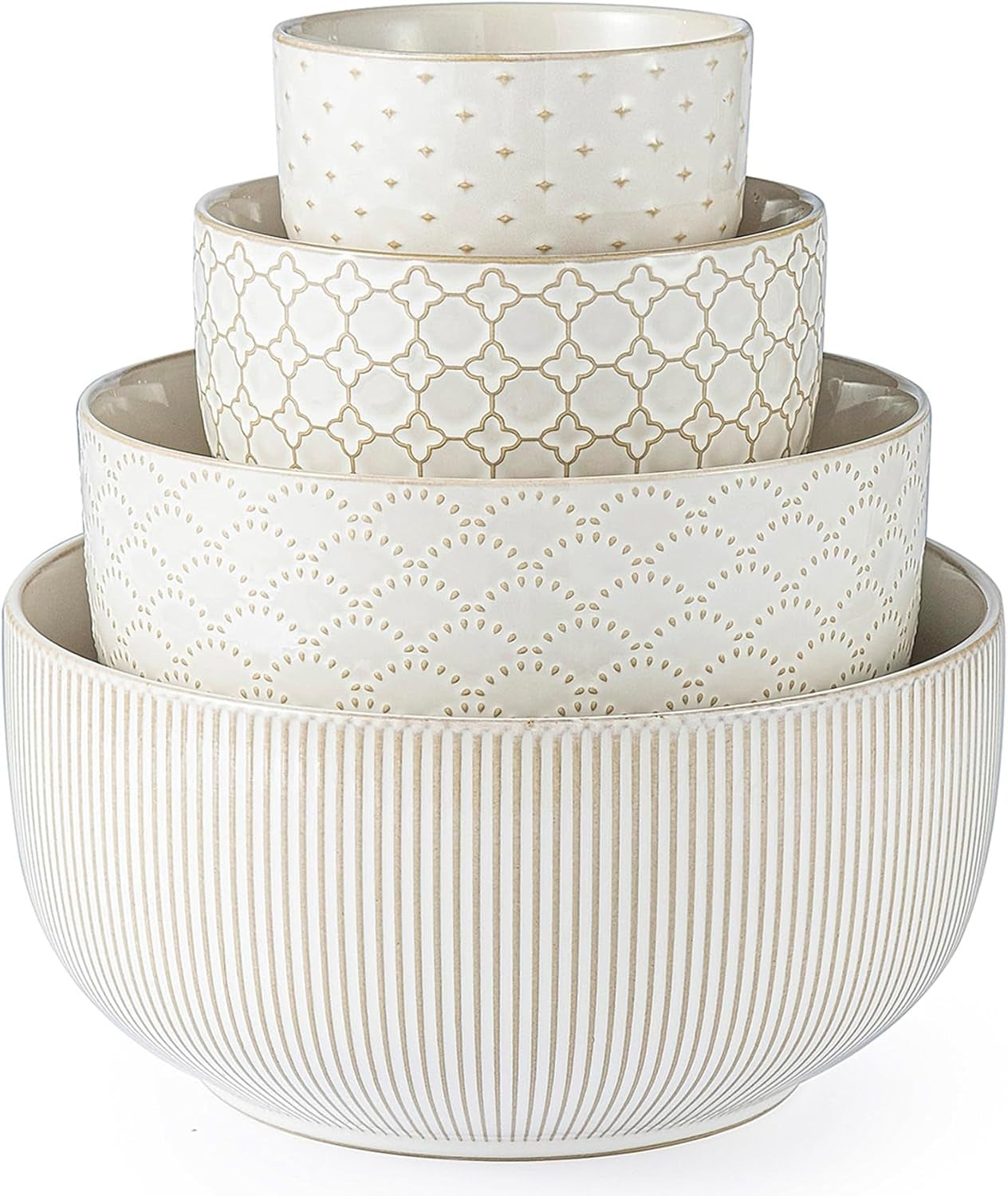 Embossed ceramic mixing bowls set of four with nesting stoneware design.