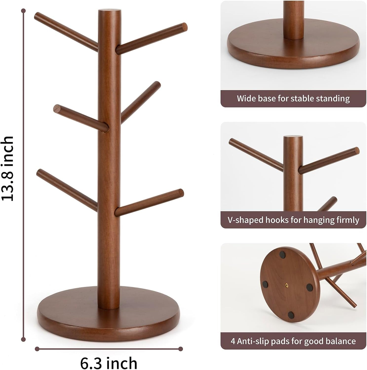 Acacia Wood Mug Holder Tree with 6 Hooks