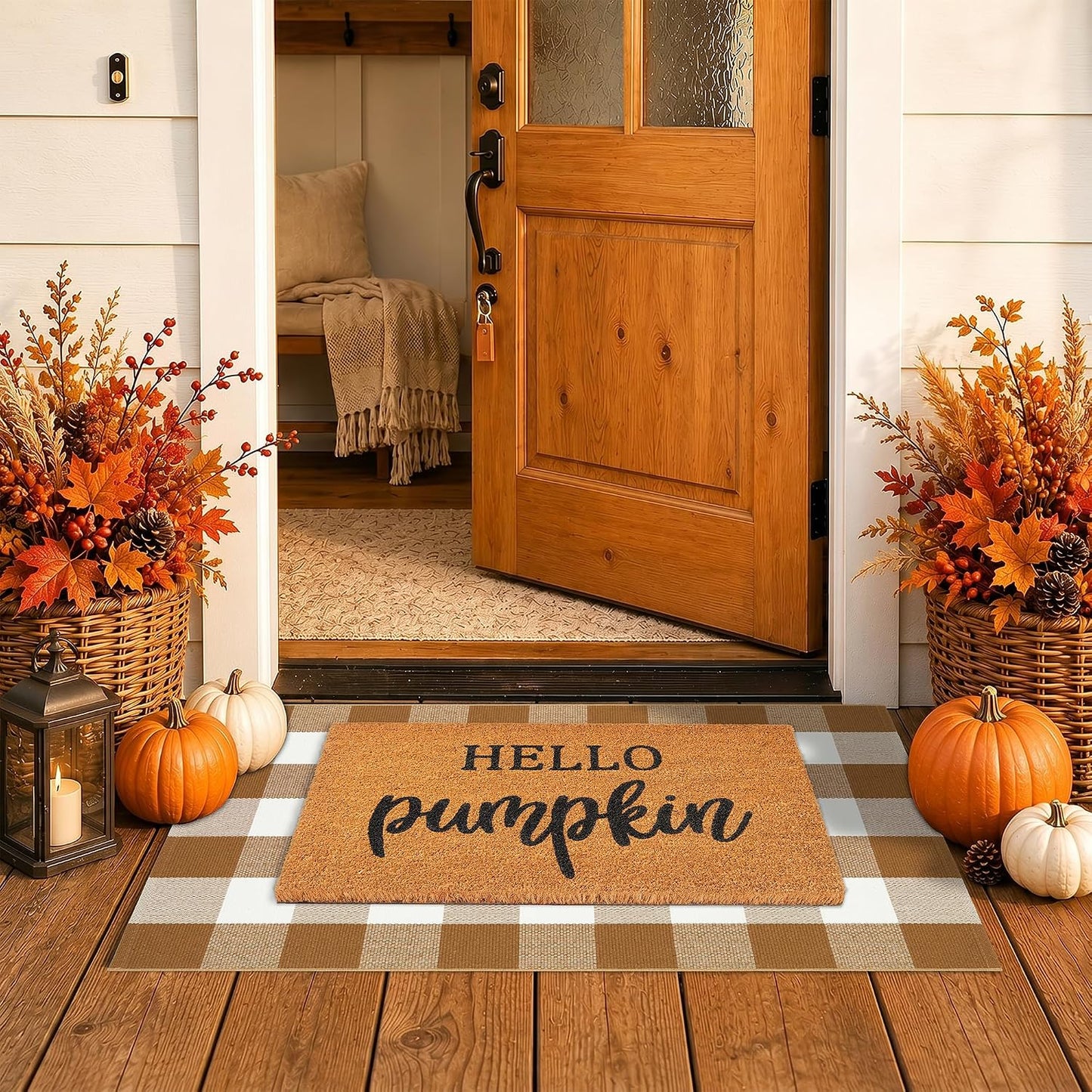 Fall Coir Welcome Mat & Plaid Rug Set