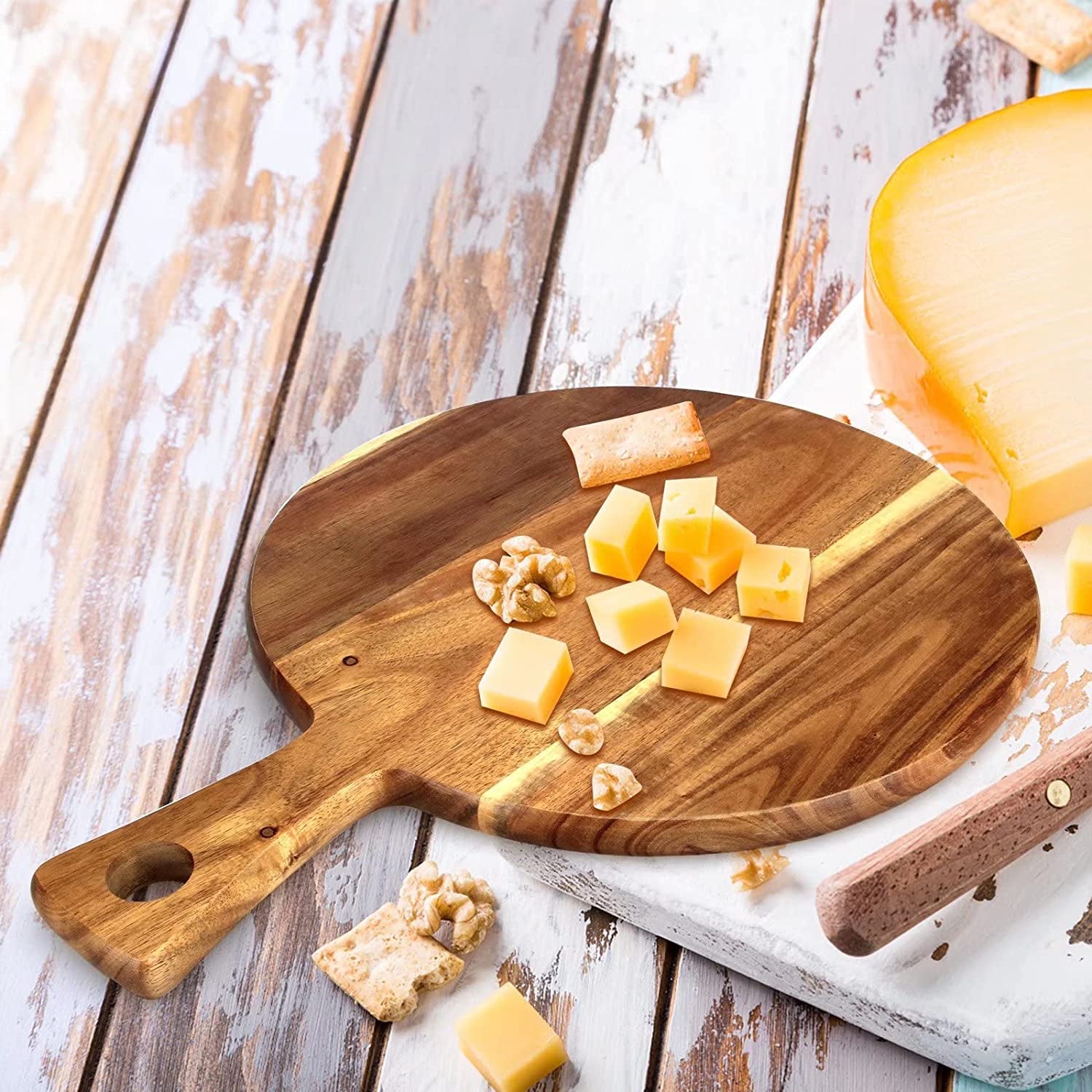 Round Acacia Wood Charcuterie & Serving Board with Handle