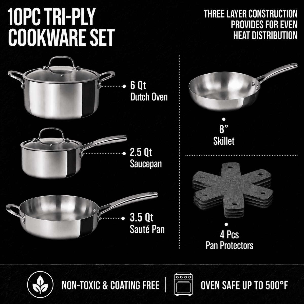 10-Piece Tri-Ply Stainless Steel Cookware Set