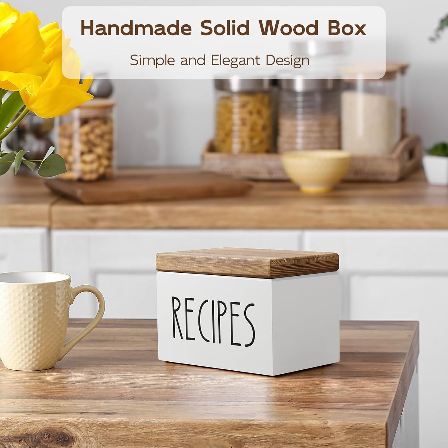 Handcrafted farmhouse wooden recipe box with solid wood lid displayed on a modern kitchen countertop.
