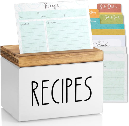 White farmhouse wooden recipe box with 100 recipe cards and six colorful dividers for organizing family recipes.
