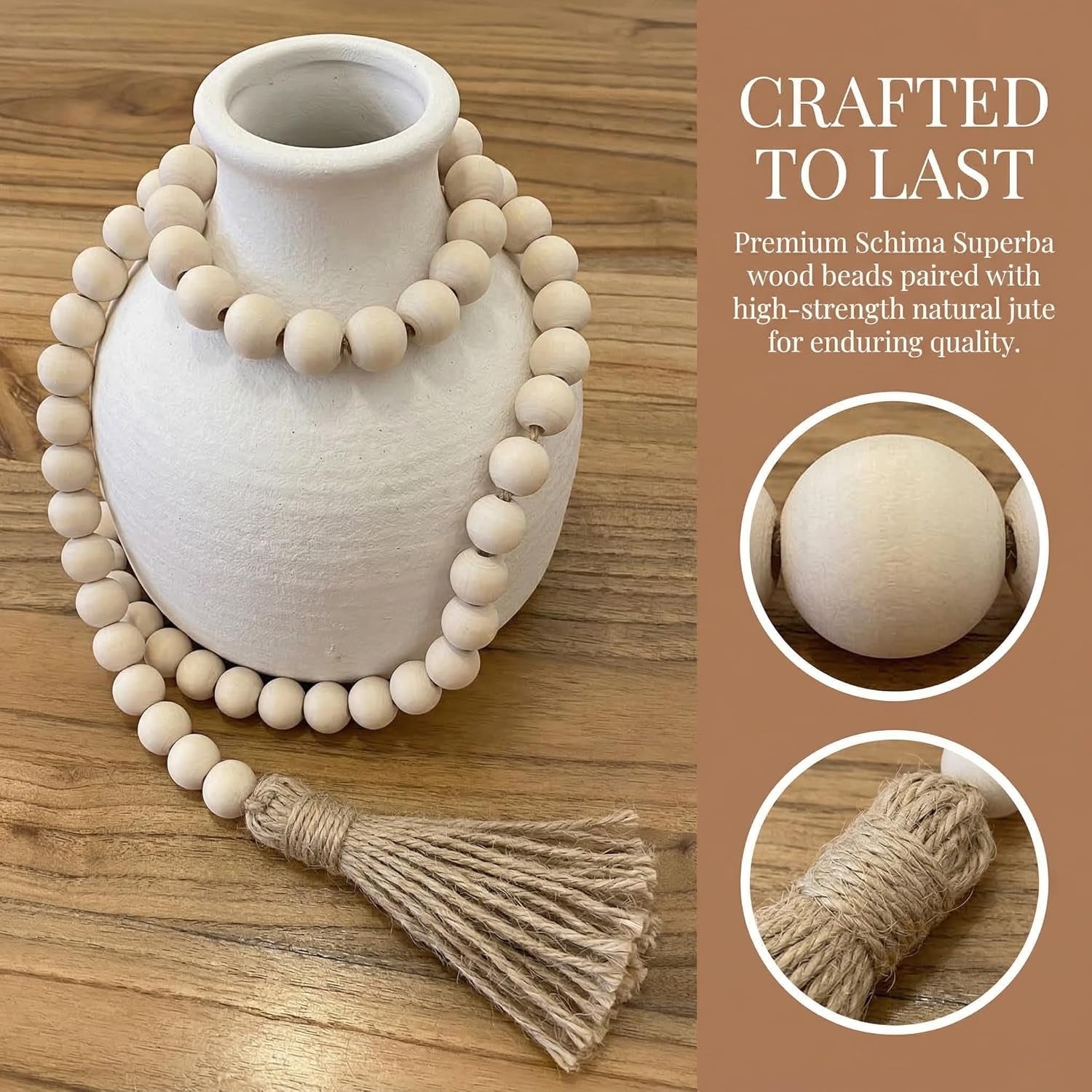 Farmhouse Wood Bead Garland | Rustic Wooden Beads with Tassels