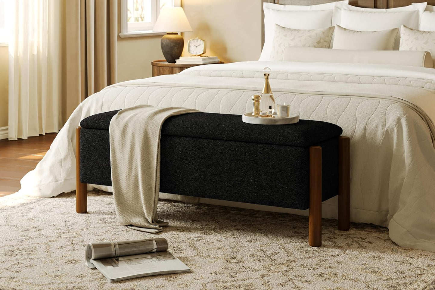Modern Upholstered Storage Bench with Walnut Legs