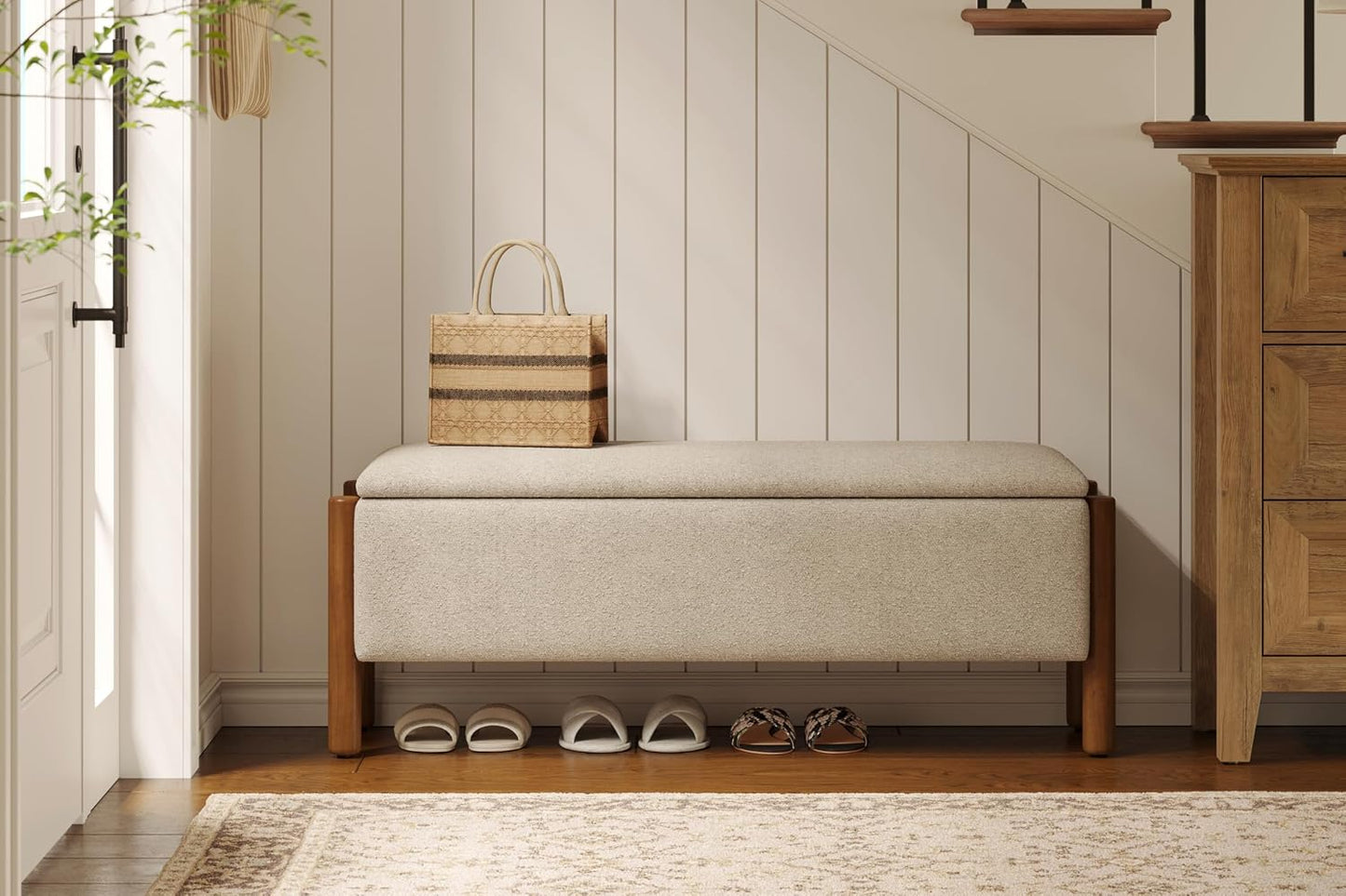 Modern Upholstered Storage Bench with Walnut Legs