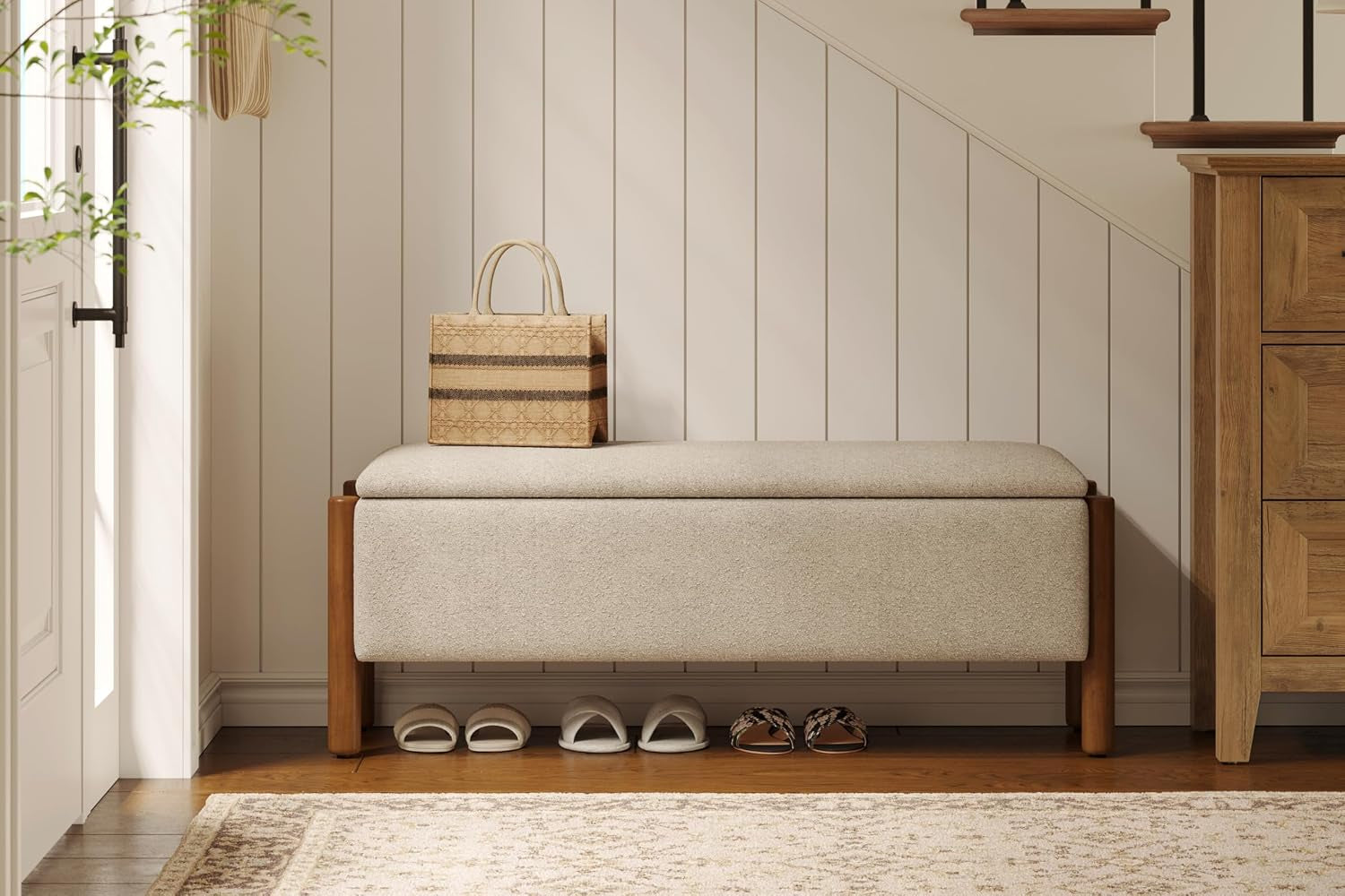 Modern Upholstered Storage Bench with Walnut Legs