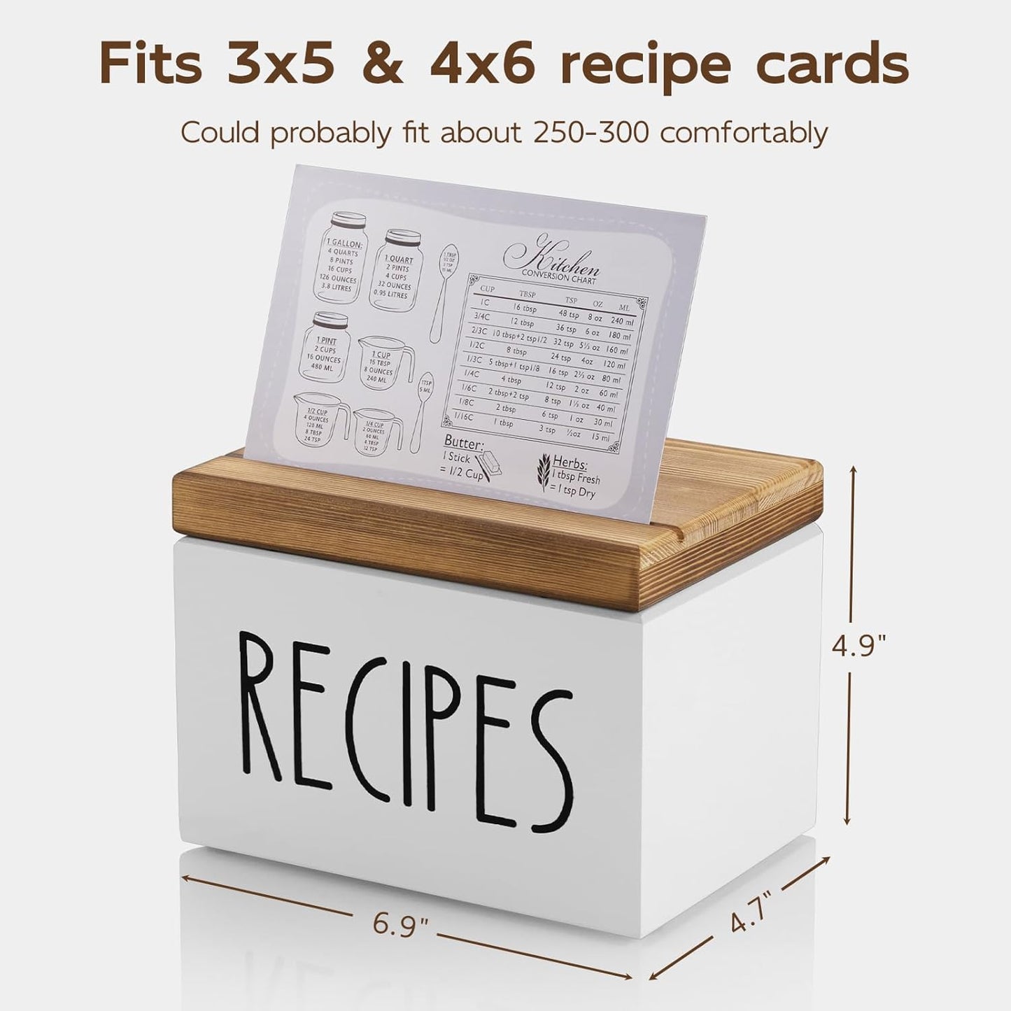 Farmhouse wooden recipe box showing dimensions and capacity for 3x5 and 4x6 recipe cards.