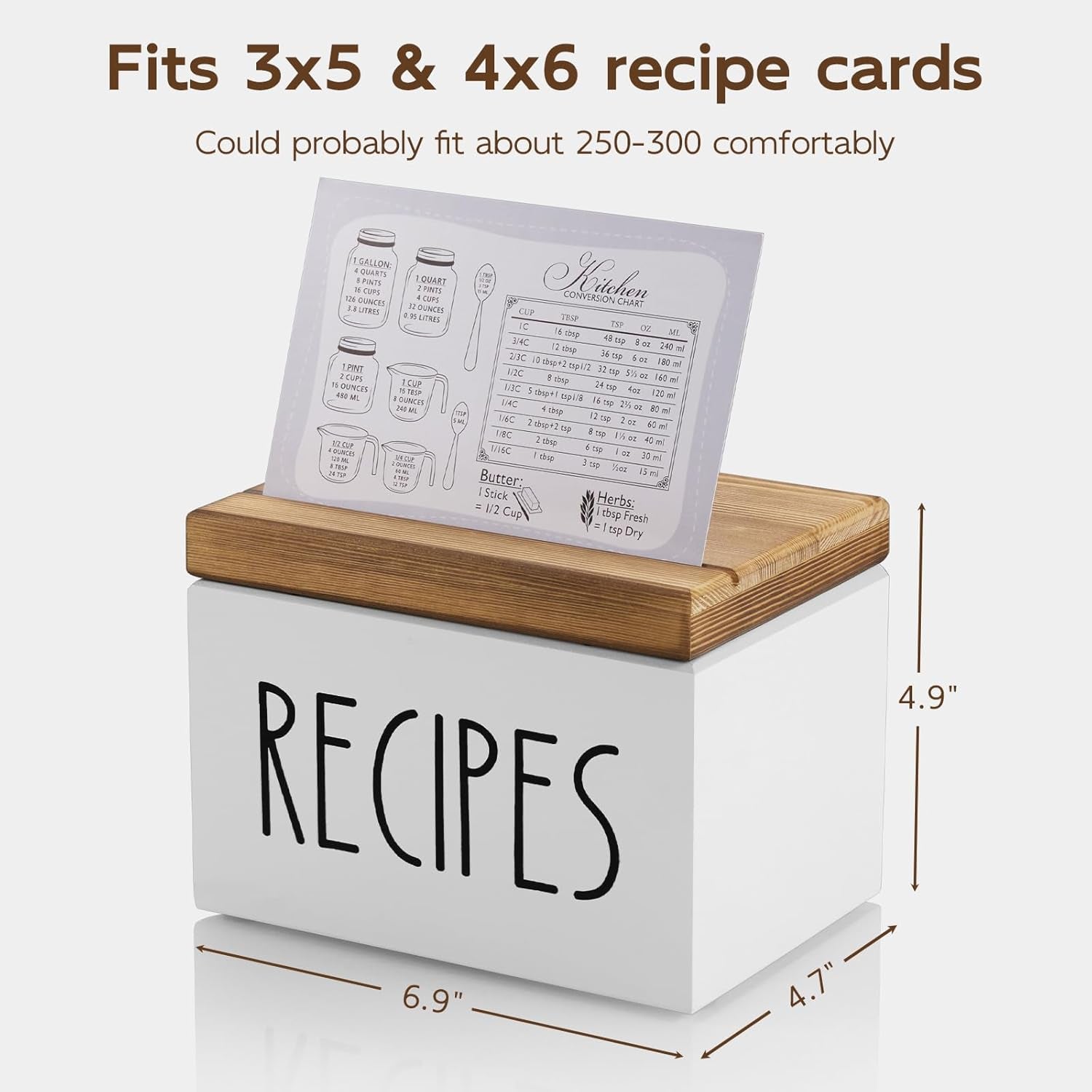 Farmhouse wooden recipe box showing dimensions and capacity for 3x5 and 4x6 recipe cards.