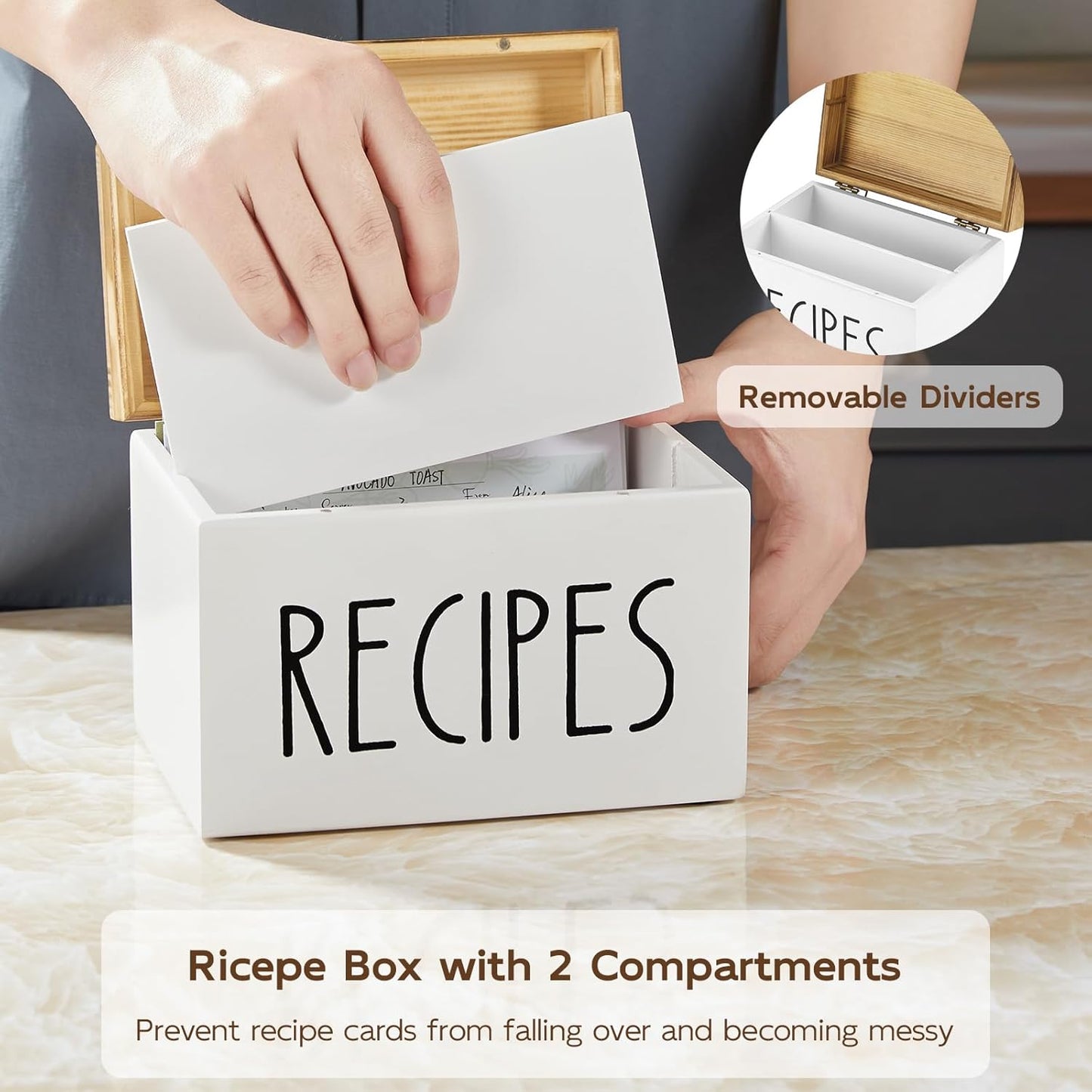 Farmhouse wooden recipe box showing removable divider and two storage compartments for recipe cards.