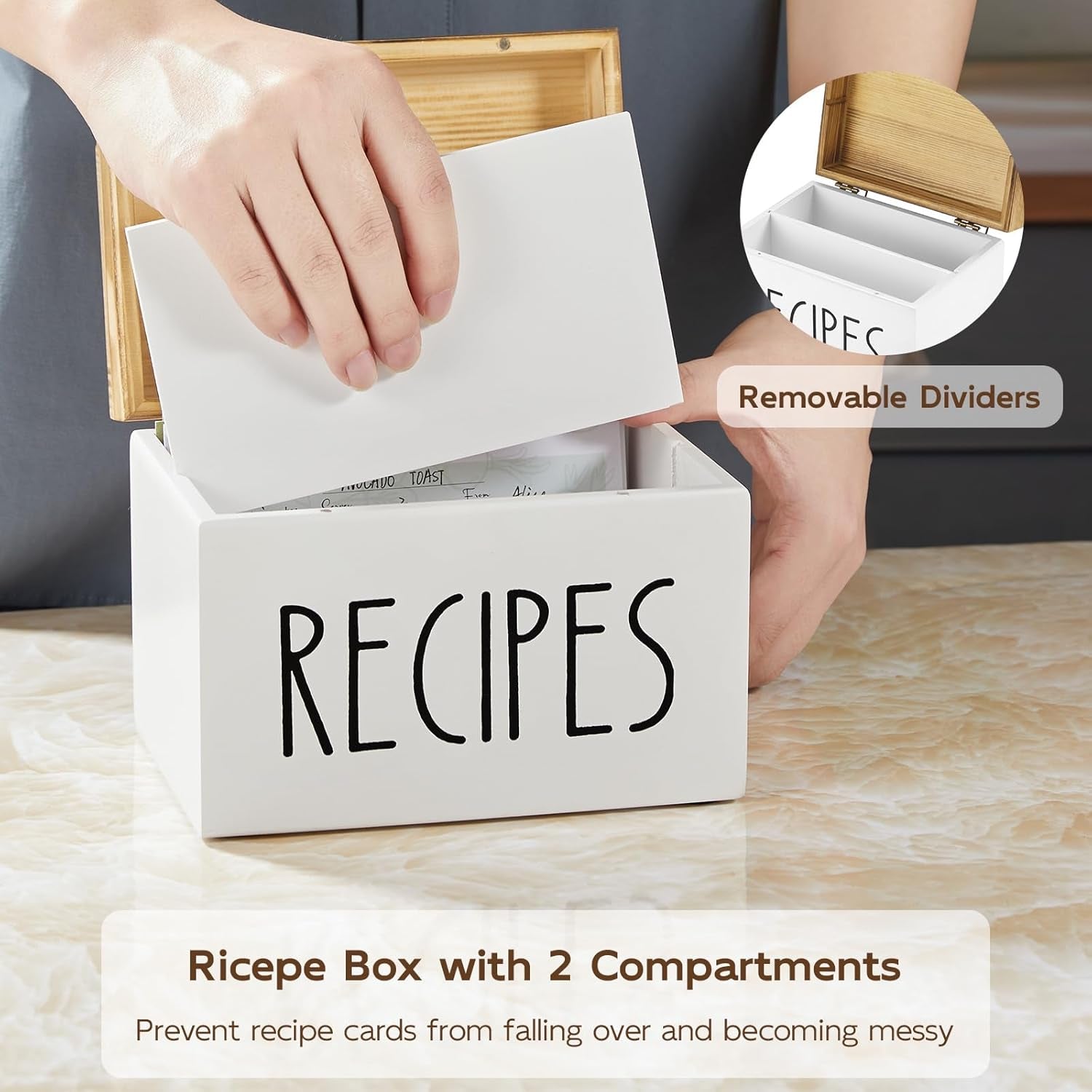 Farmhouse wooden recipe box showing removable divider and two storage compartments for recipe cards.