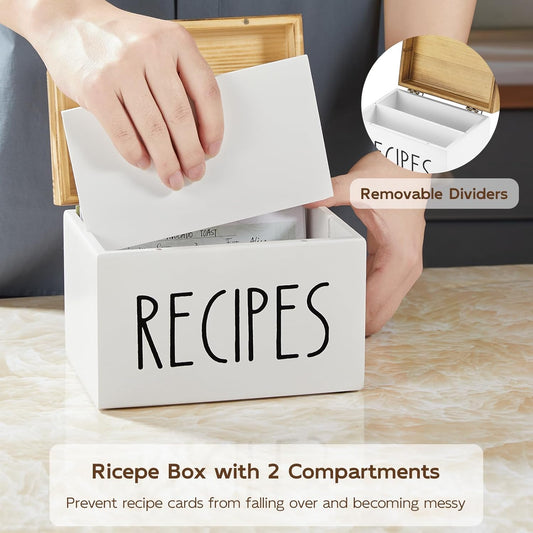 Farmhouse wooden recipe box showing removable divider and two storage compartments for recipe cards.
