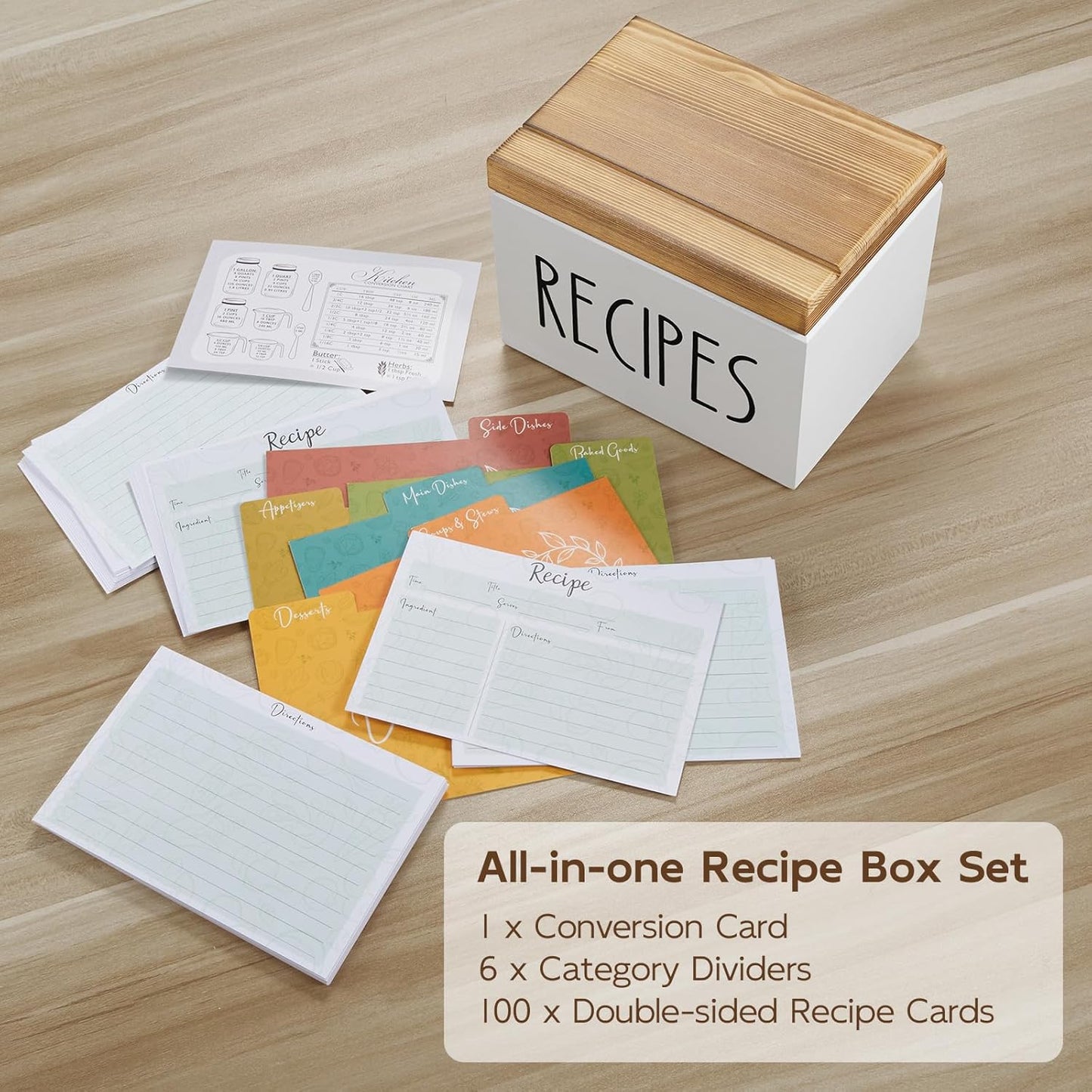 Farmhouse wooden recipe box set including 100 recipe cards, six category dividers, and a kitchen conversion card.
