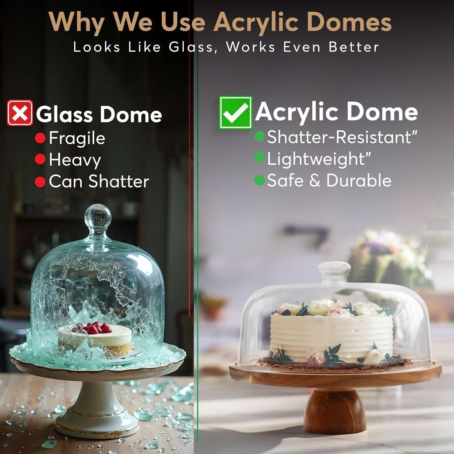 Shatterproof acrylic cake dome compared to traditional glass cake covers.